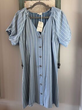 Hem & Thread Light Blue and White Striped Button-Front Puff Sleeve Dress